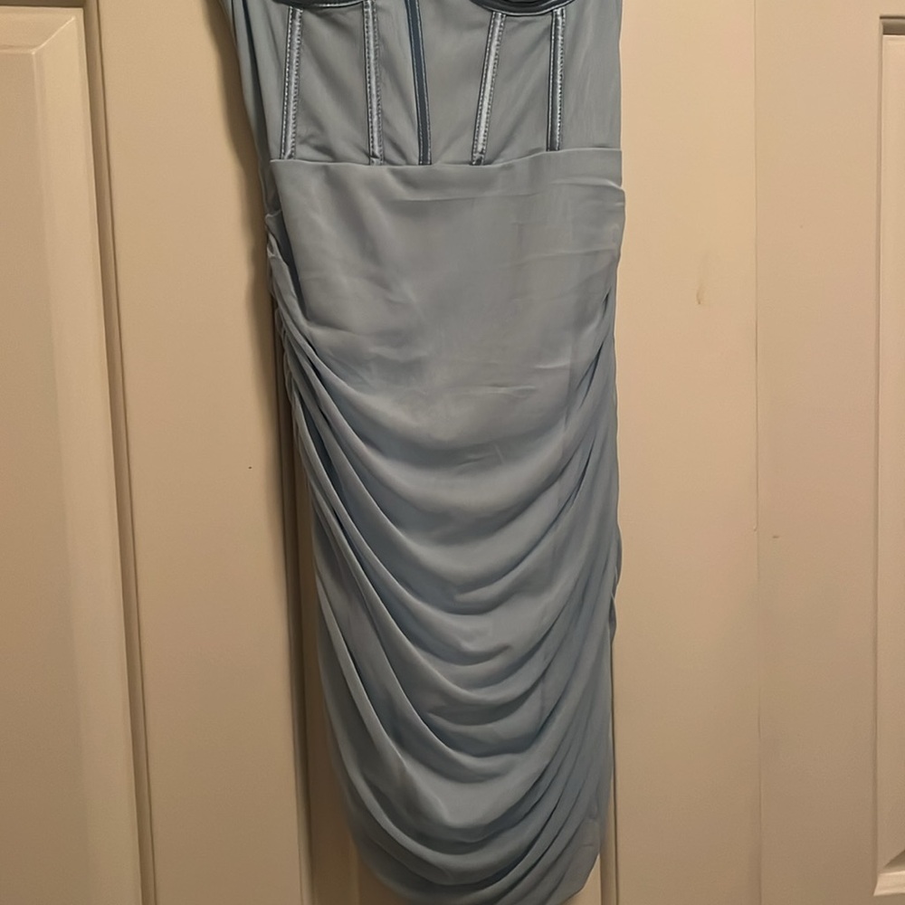 Baby Blue Ruched Mini Dress - Picture 3 of 7